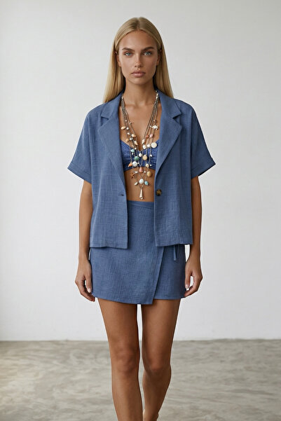 Trend Alaçatı Stili Σετ με λινό πουκάμισο με γιακά Indigo Jacket Oversize και...