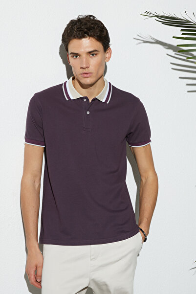Tudors Tricou pentru bărbați, slim fit, 100% bumbac, violet, cu gât polo