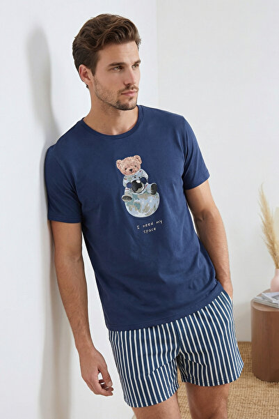 Συλλογή Trendyol Σετ πιτζάμες Indigo Regular βαμβακερό κοντομάνικο μπλουζάκι ...