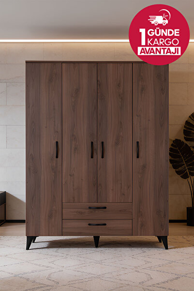 Kilim Mobilya Robin 4 Kapaklı 2 Çekmeceli 5 Raflı Yüksek Ayaklı Dolap