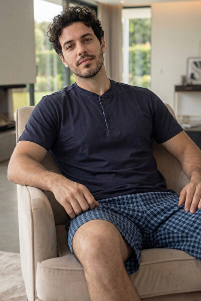 Pijamaevi Σετ ανδρικές πιτζάμες με κοντό μανίκι σκούρο ναυτικό καρό με λεπτομ...