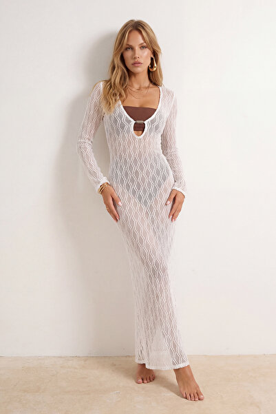 Συλλογή Trendyol Εκρού Πλεκτό Μάξι Φόρεμα Παραλίας με Λεπτομέρεια Αξεσουάρ TB...