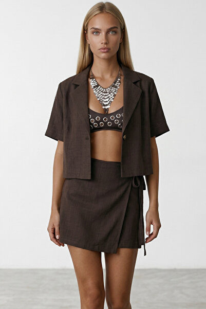 Trend Alaçatı Stili Σετ με καφέ σακάκι, γιακά, υπερμεγέθη λινό πουκάμισο Sofi...