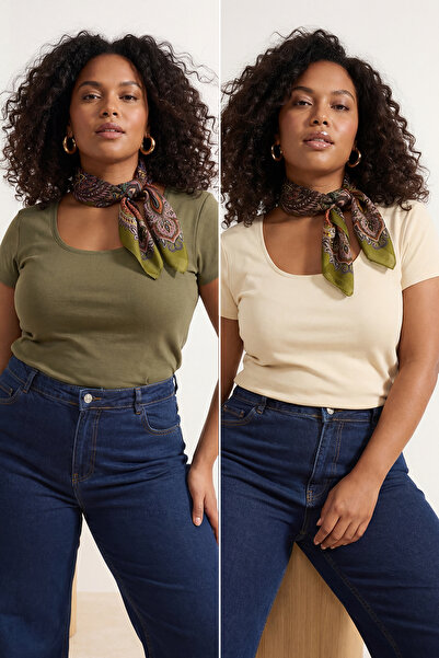 Trendyol Curve Χακί-Μπεζ 2-συσκευασία Μαλακή Βασική Πλεκτή Μπλούζα Μεγάλου Με...