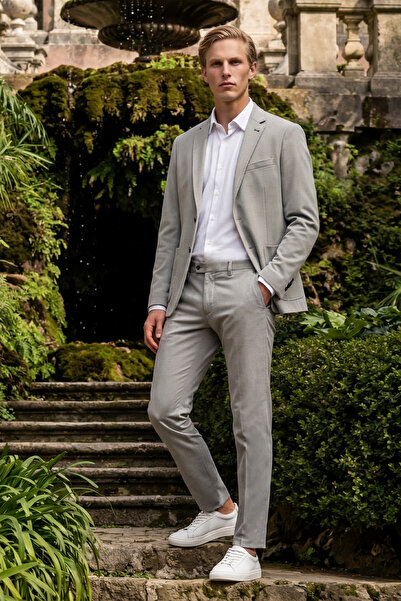 AC&Co / Altınyıldız Classics Erkek Gri Slim Fit Dar Kesim Mono Yaka Casual Ceket