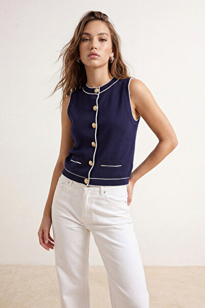 Συλλογή Trendyol Πλεκτό γιακά υπολογιστή Navy Blue Premium και λεπτή μπλούζα