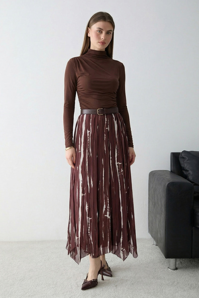 Trendyol Modest Καφέ φούστα σιφόν με φόδρα και σχέδια TCTSS26EE00030