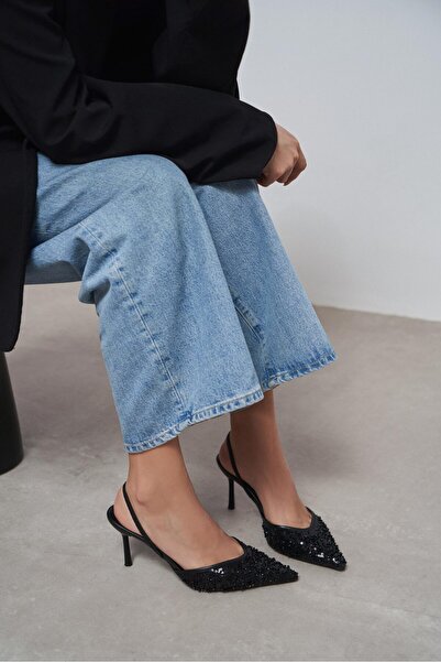 NİŞANTAŞI SHOES Γυναικεία παπούτσια με τακούνι Sara Black Mesh Bead με λεπτομ...