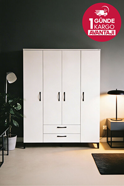 Kilim Mobilya Robin 4 Kapaklı 2 Çekmeceli 5 Raflı Yüksek Ayaklı Dolap