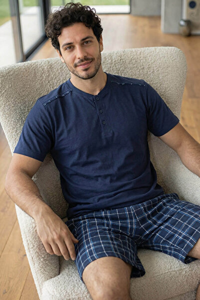 Pijamaevi Set de pijamale pentru bărbați, cu mânecă scurtă, în carouri, albas...