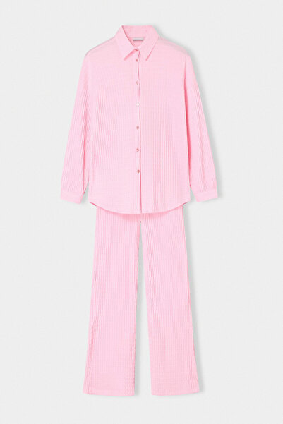 Drop by TrendyolMilla Pink Shirt Collar Knitted Comfortable Fit Top and Botto...