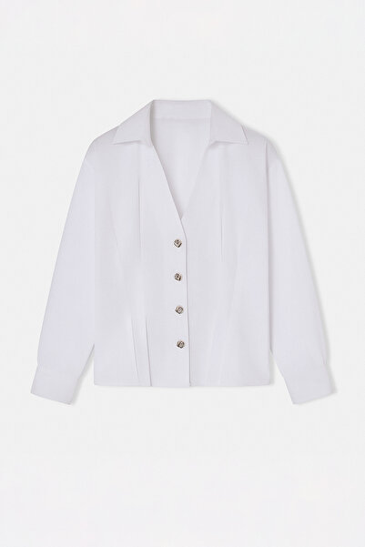 Drop by TrendyolMilla قميص أبيض من Beli يتسع لـ بثنيات أشخاص و قطن مقاعد TDRS...