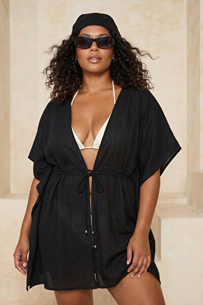 Trendyol Curve Ρούχα παραλίας Μαύρο με ρυθμιζόμενα πλαϊνά κορδόνια Κιμονό & Κ...