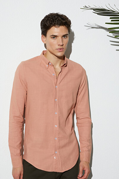 Tudors Ανδρικό πουκάμισο Slim Fit, 100% βαμβακερό, με κουμπιά, πορτοκαλί λινό...