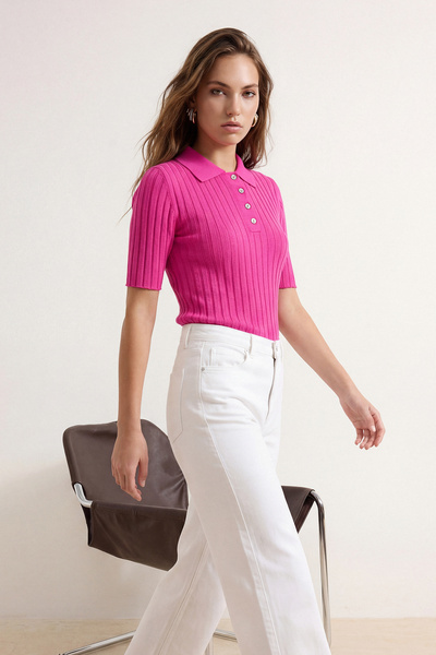 Συλλογή Trendyol Φούξια Basic Polo T-Shirt με λαιμόκοψη Λεπτή μπλούζα TWOSS20...