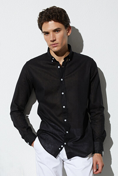 Tudors Σειρά λινών Premium - Ανδρικό μαύρο αθλητικό πουκάμισο με λεπτή εφαρμο...