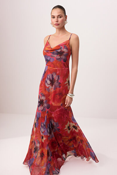 Συλλογή Trendyol Βουργουνδί χρώμα με λουλούδια Υφαντό Σιφόν Μάξι Βραδινό Φόρε...