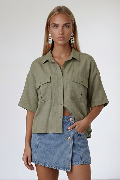 Trend Alaçatı Stili Πράσινο λινό πουκάμισο Sofia Oversize με τσέπες σε στυλ φ...