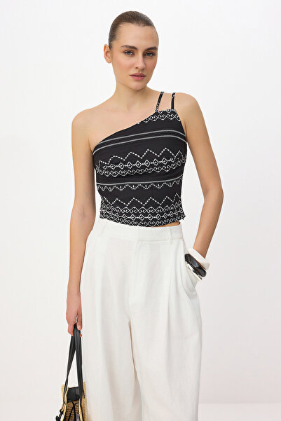 Συλλογή Trendyol Μαύρη Μουσελίνα Πουφ Κεντημένη Μπλούζα με Έναν Ώμο TWOSS26BZ...