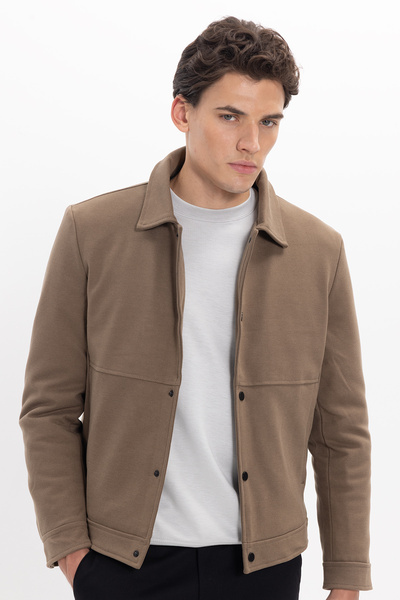 Tudors  Erkek Slim Fit Dar Kesim Çift Cepli Çıtçıt Kapamalı Kahverengi Mont