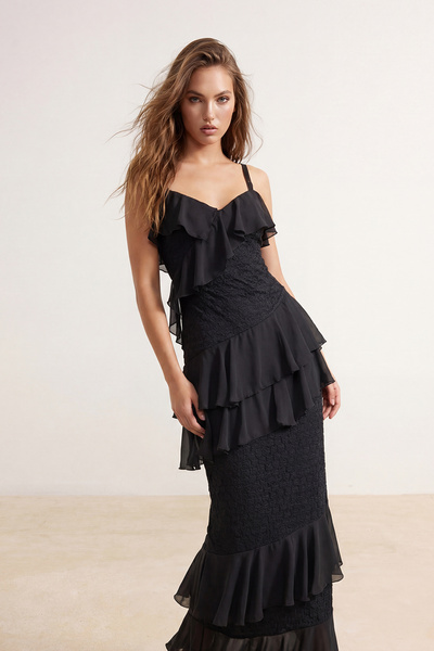 Συλλογή Trendyol Μαύρο πλεκτό δαντελένιο βραδινό φόρεμα με μάξι επένδυση TPRS...