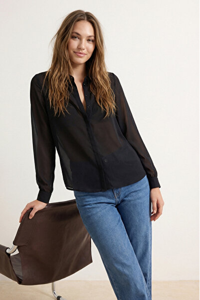 Συλλογή Trendyol Διαφανές μαύρο υφαντό πουκάμισο - κανονική εφαρμογή, TWOAW20...
