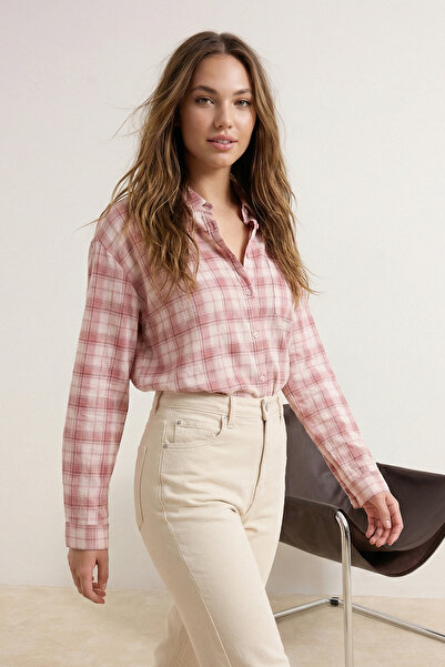 Trendyol Modest Ροζ καρό πουκάμισο oversized από 100% βαμβάκι TCTSS26TG00055