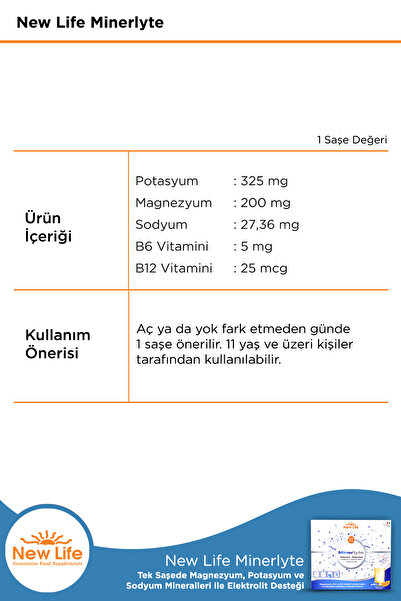 New Life Minerlyte 12 Saşe Elektrolit Çözeltisi - Magnezyum - Potasyum - Sodyum - B12 Vitamini - B6 Vitamini