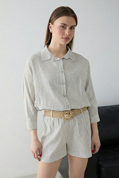 Συλλογή Trendyol Λευκό μπεζ ριγέ βαμβακερό σορτς με ζώνη - Σετ πουκάμισο και ...