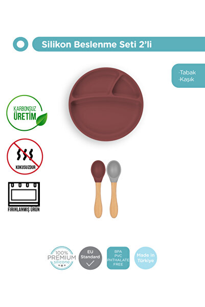 OiOi Bordo Silikon Tabak + Bambu Saplı Silikon Kaşık