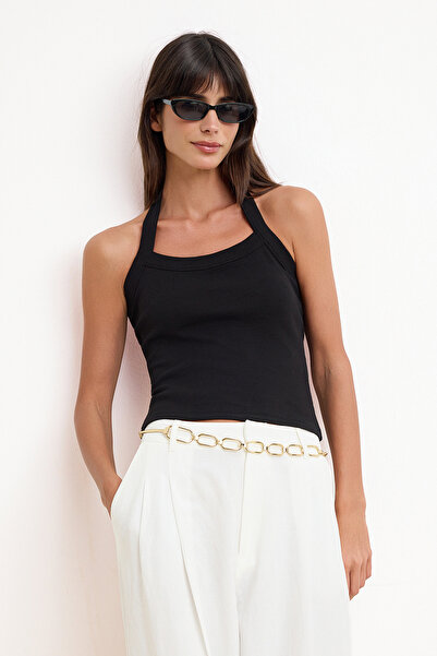 Συλλογή Trendyol Μαύρο εφαρμοστό/στενό αμάνικο πλεκτό ελαστικό τοπ με κορδόνι...