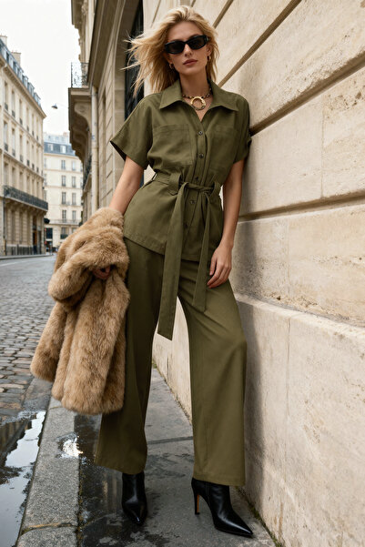 Trendyol Collection Dark Green Belted Shirt and Wide Leg Trousers Woven Botto...