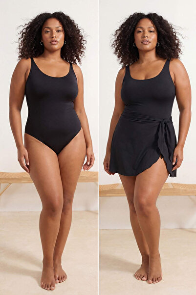 Trendyol Curve Μαύρο Βασικό Μαγιό & Παρεό Σετ 2 τεμαχίων Μαγιό Μεγάλου Μεγέθο...