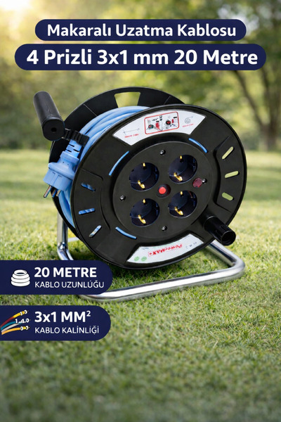 Badem10 Uzatma Kablosu 3x1 mm 20 Metre Plastik Makaralı 4 Prizli Monofaze Sey...