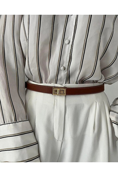 Tina Dikişli Gold Tokalı Kemer 2,5cm Taba