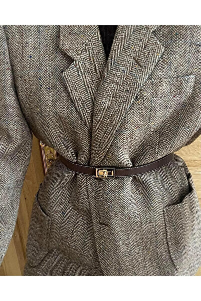 Tina Dikişli Gold Tokalı Kemer 2,5cm Acı Kahve