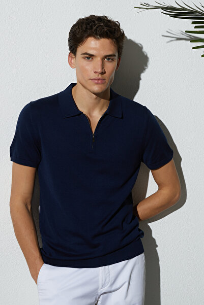 Tudors Tricou pentru bărbați, slim fit, din bumbac tricotat, cu fermoar, alba...