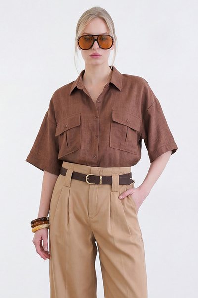 Trend Alaçatı Stili Καφέ Λινό Πουκάμισο Sofia Oversize με Τσέπες σε Στυλ Φακέλου