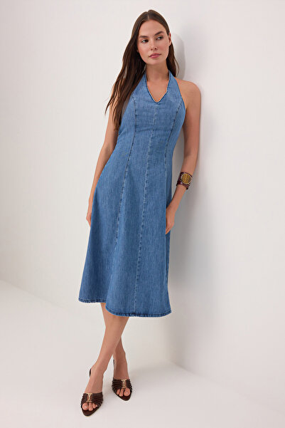 Συλλογή Trendyol Μπλε λαιμόκοψη halter Μάξι Τζιν Φόρεμα TWOSS26EL00275