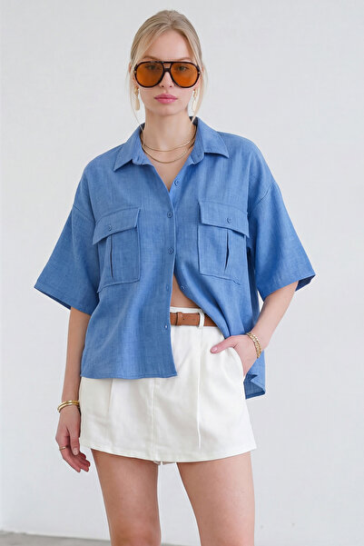 Trend Alaçatı Stili Πουκάμισο από λινό Indigo Sofia Oversize με τσέπες σε στυ...