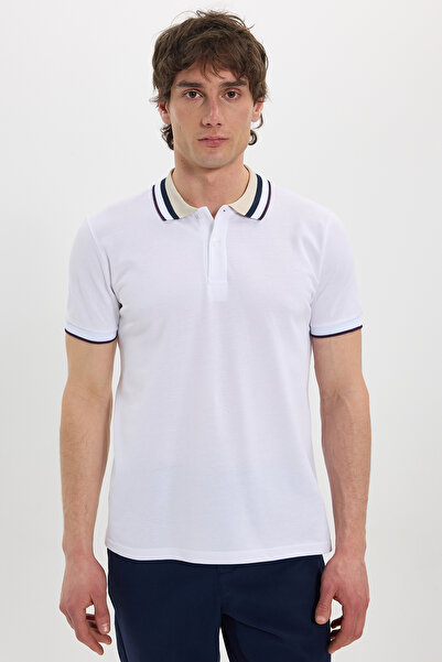 Tudors Tricou alb cu guler polo pentru bărbați slim fit Dar croială bumbac 100%