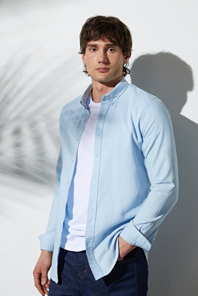 Tudors Ανδρικό πουκάμισο Blue Slim Fit - Μακρύ μανίκι, 100% βαμβάκι, λινό υφή...