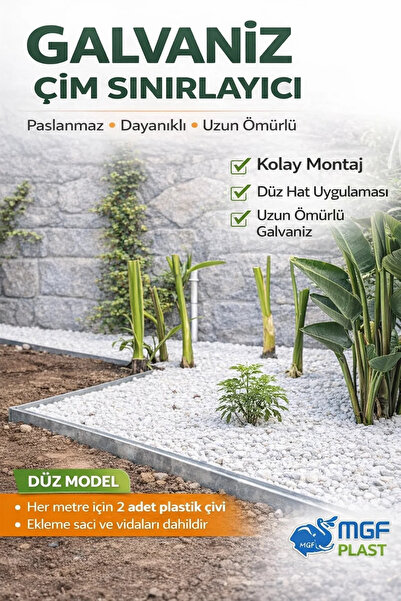 MGF PLAST Galvaniz Metal Çim Ayırıcı 10 Metre (2Mx5 Adet) Sert Düz Bordür – B...