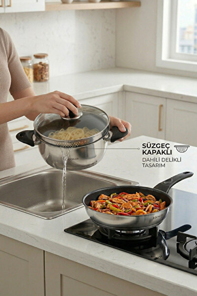 kochler 3-Piece Steel Pot & Pan Set – 22 cm Induction Compatible, with Strain...