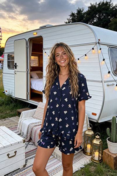 Συλλογή Trendyol Σετ πιτζάμες Navy Blue Cat, Dog and Ribbon/Bow Με σχέδιο Βισ...