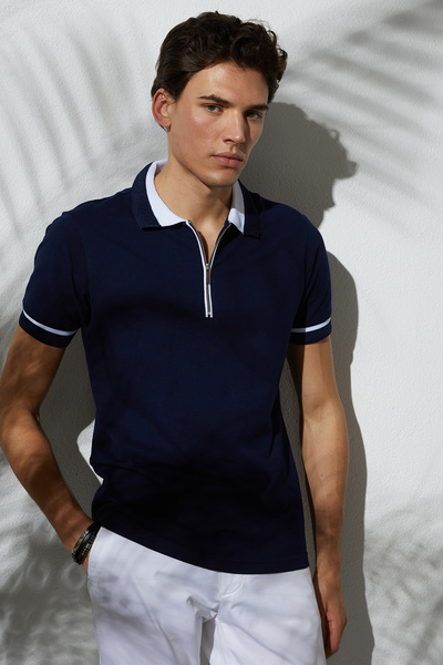 Tudors Ανδρικό μπλουζάκι με φερμουάρ, 100% βαμβακερό απλό πικέ με φερμουάρ σε...