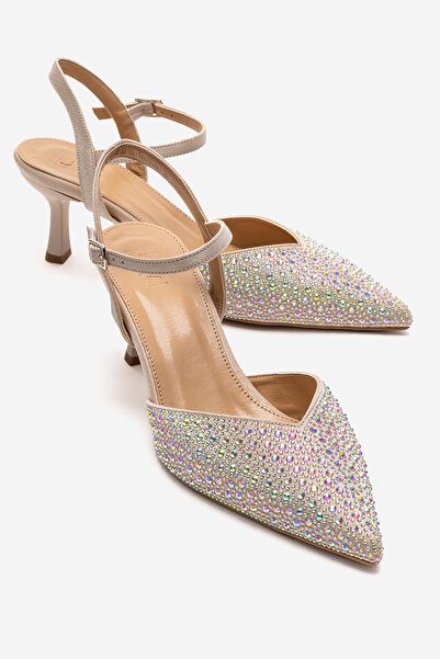 LuviShoes VİLKA Ekru Saten Taşlı Kadın Sivri Burun İnce Topuklu Abiye Ayakkabı