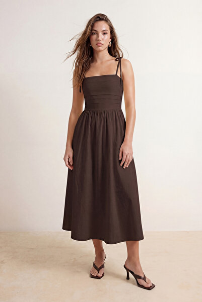 Συλλογή Trendyol Καφέ ίσιο υφαντό φόρεμα μίντι TWOSS26EL00940