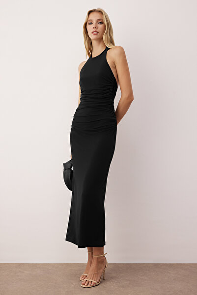 Συλλογή Trendyol Μαύρο Πλεκτό Φόρεμα με Λεπτομέρεια Κορδόνι Περίσφιξης / Ντρα...