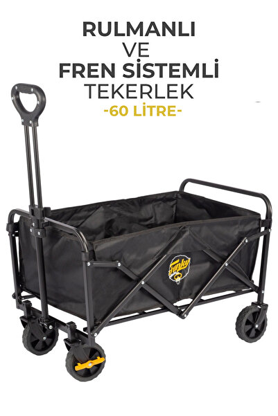 60 Liter, L-Length Folding Wagon with Brake System, Bearing, Beach Transport and Camping Trolley - Black